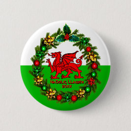 Kerstmis met rode draak met tekstjaar Welsh Flag R Ronde Button 5,7 Cm