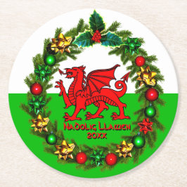 Kerstmis met rode draak met tekstjaar Welsh Flag R Ronde Kartonnen Onderzetter