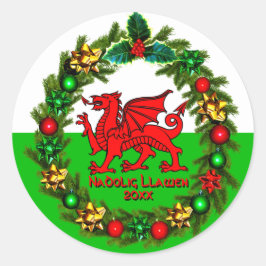 Kerstmis met rode draak met tekstjaar Welsh Flag R Ronde Sticker