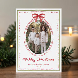 Kerstmis met rode strik 2 foto vintage feestdagenkaart