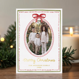 Kerstmis met rode strik foto 2 folie feestdagenkaart