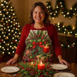 Kerstmis met rode tartan en dennenboom schort