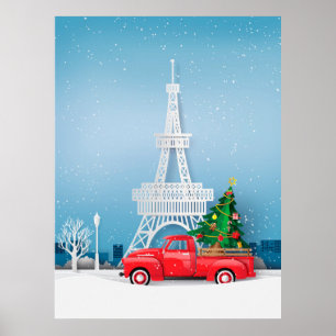 Kerstmis met rode vrachtwagen en Eiffeltoren in Pa Poster