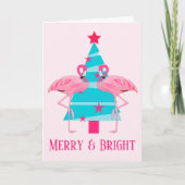 Kerstmis met roze flamingo's op het strand, vrolij feestdagen kaart (Voorkant)