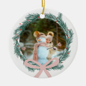 Kerstmis met roze lintfoto keramisch ornament (Voorkant)