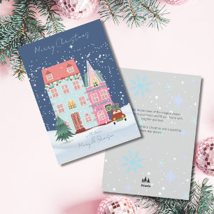 Kerstmis met roze schrift dorp niet-foto vintage feestdagenkaart