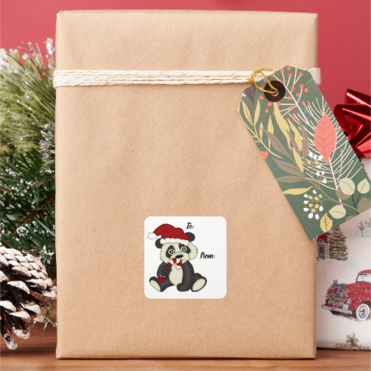 Kerstmis met Santa Hat Panda Candy Cane Vierkante Sticker (Feestdagen)