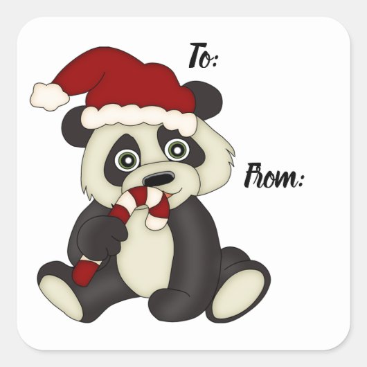 Kerstmis met Santa Hat Panda Candy Cane Vierkante Sticker (Voorkant)