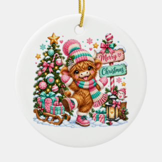 Kerstmis met Schotse Hooglander Koe Keramisch Ornament