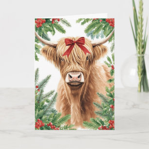 Kerstmis met Schotse Hooglander Koe met Rode Strik Feestdagen Kaart