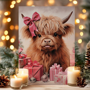 Kerstmis met Schotse Hooglander Koe met Roze Strik Feestdagen Kaart