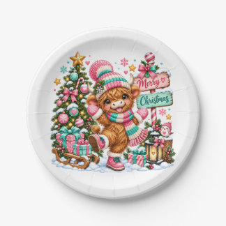 Kerstmis met Schotse Hooglander Koe Papieren Bordje