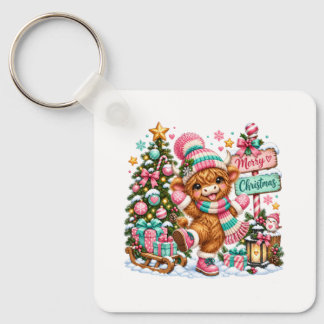 Kerstmis met Schotse Hooglander Koe Sleutelhanger
