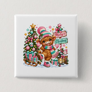 Kerstmis met Schotse Hooglander Koe Vierkante Button 5,1 Cm