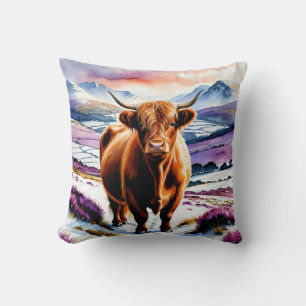 Kerstmis met Schotse Hooglanders in Sneeuw Aquarel Kussen