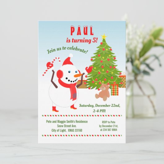 Kerstmis met Snowman Birthday Party Invitation Kaart (Staand voorkant)