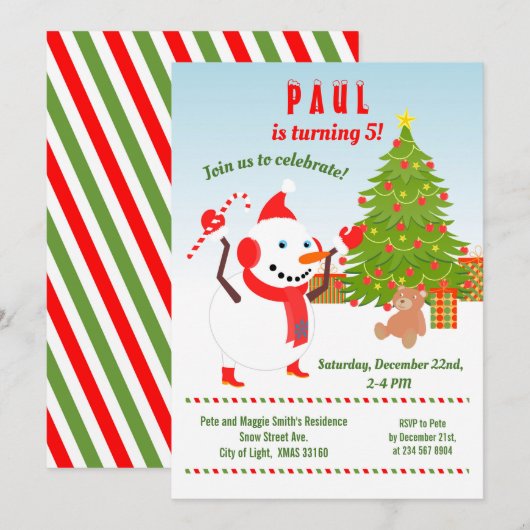 Kerstmis met Snowman Birthday Party Invitation Kaart (Voorkant / Achterkant)