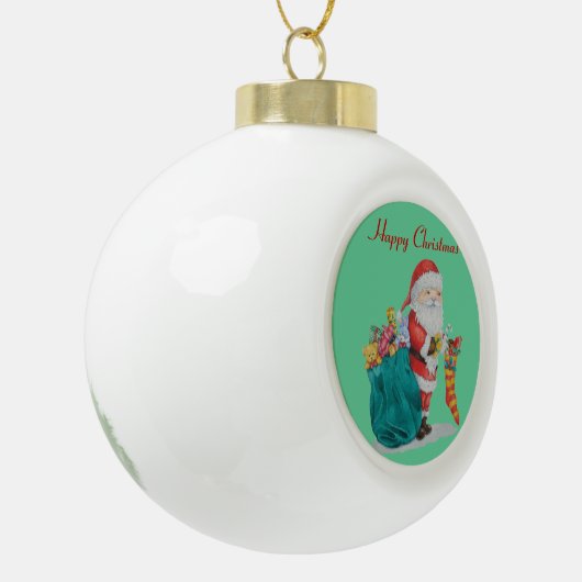 Kerstmis met speelgoed en geschenken in de zak keramische bal ornament (Links)