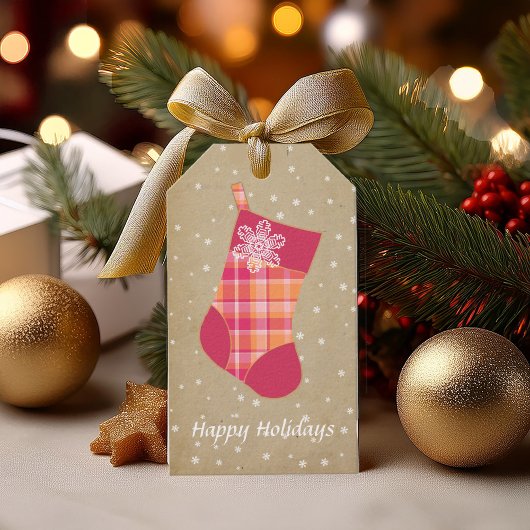 Kerstmis met Tartan Sinaasappel en Roze ID209 Cadeaulabel