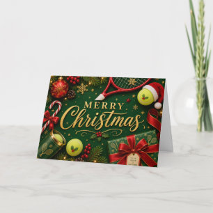 Kerstmis met tennis met tennisbal en kerstman hoed feestdagen kaart