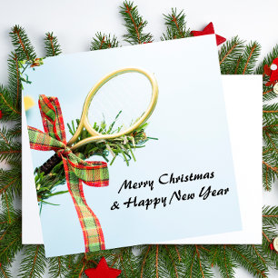 Kerstmis met tennisbal en racket feestdagenkaart