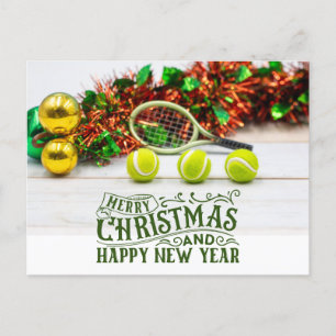 Kerstmis met tennisbal en racket feestdagenkaart