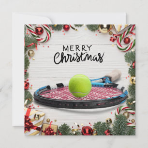 Kerstmis met tennisbal en racket feestdagenkaart