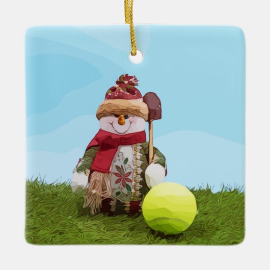 Kerstmis met tennisbal en Snowman Keramisch Ornament (Voorkant)