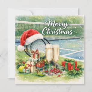 Kerstmis met tennisracket en bal op de baan feestdagenkaart