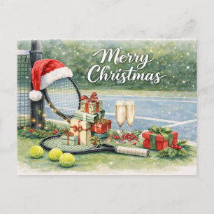 Kerstmis met tennisracket en bal op het veld feestdagenkaart