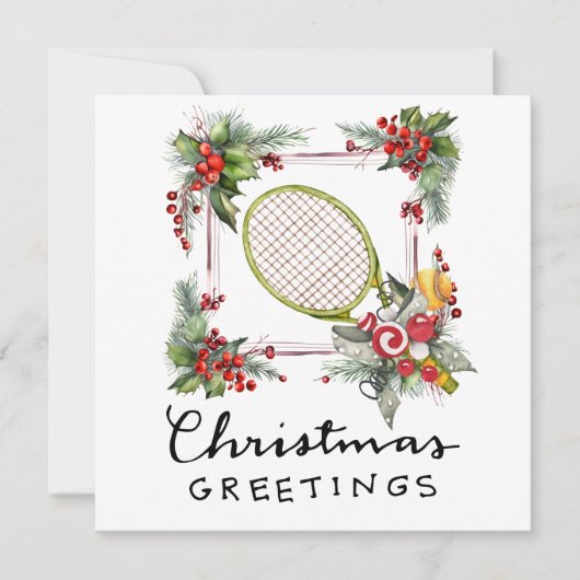 Kerstmis met tennisracket en kerstkrans feestdagenkaart (Voorkant)