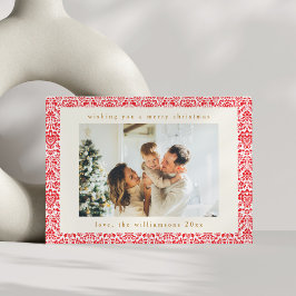 Kerstmis met twee foto's in vintage rode damast feestdagenkaart