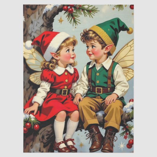 Kerstmis met Vintage Elfen Feeënkinderen Tissuepapier (Voorkant)