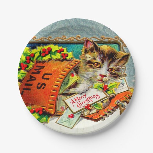 Kerstmis met vintage kat papieren bordje (Voorkant)