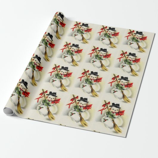 Kerstmis met Vintage Sneeuwmannenpatroon Cadeaupapier (Uitgerold)