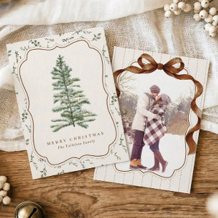 Kerstmis met vintage strik en familiefoto op neutr feestdagenkaart