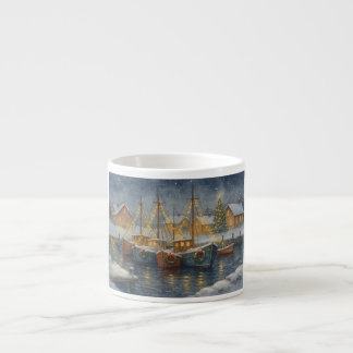 Kerstmis met vissersboten in de haven espresso kop