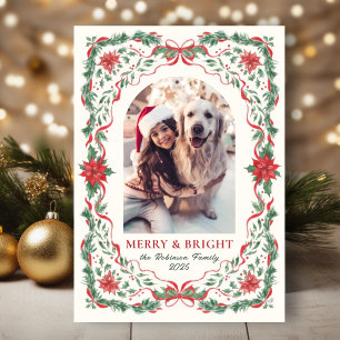 Kerstmis met vrolijk en helder blad Boog Foto Feestdagenkaart
