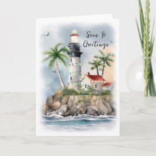 Kerstmis met Vuurtoren Palmboom Zee Kust Feestdagen Kaart