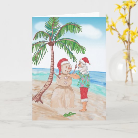 Kerstmis met waterverf Kerstman en zandige sneeuwm Kaart (Gele Bloem)