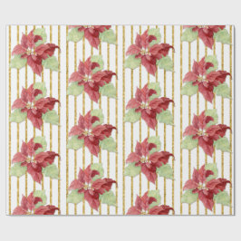 Kerstmis met Waterverf Red Floral Leaf Gold Stripe Cadeaupapier