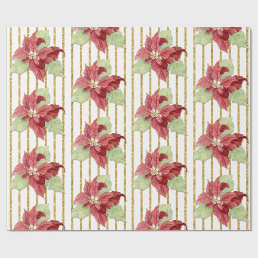 Kerstmis met Waterverf Red Floral Leaf Gold Stripe Cadeaupapier (Vlak)