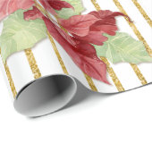 Kerstmis met Waterverf Red Floral Leaf Gold Stripe Cadeaupapier (Rol Hoek)
