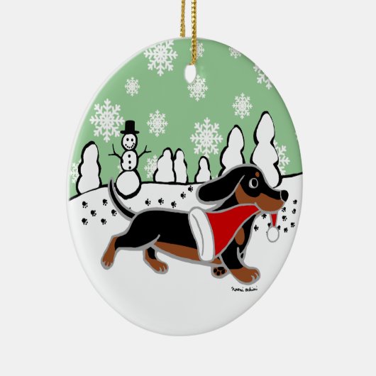 Kerstmis met zwarte en Tan Dachshund Keramisch Ornament (Rechts)