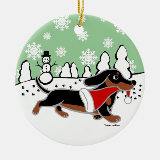 Kerstmis met zwarte en Tan Dachshund Keramisch Ornament (Voorkant)