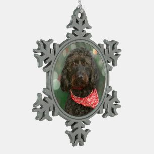 kerstmis met zwarte hond tin sneeuwvlok ornament
