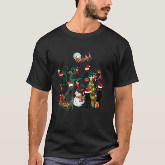 Kerstmis met zwarte kat, lichte feestdagen, kerstm t-shirt (Voorkant)