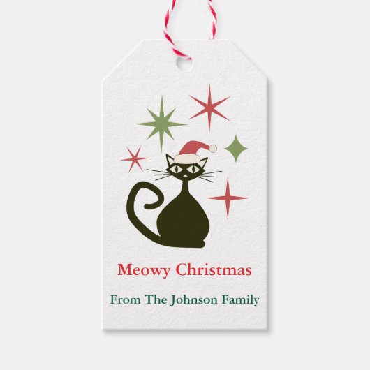 Kerstmis Mid Century Atomkat Persoonlijk Cadeaulabel (Voorkant)