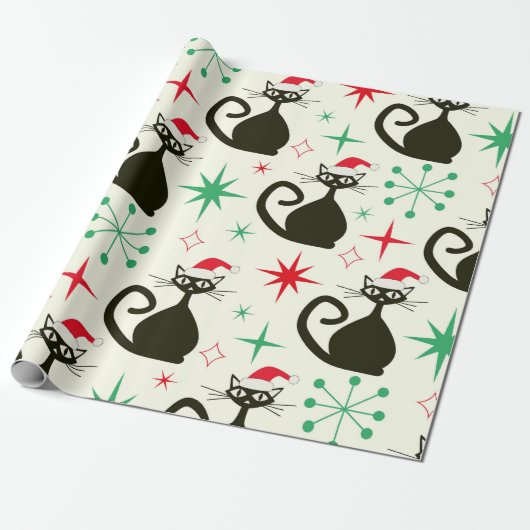 Kerstmis Mid Century Retro Atoomkatten Cadeaupapier (Uitgerold)
