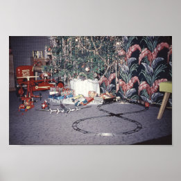 Kerstmis, middeleeuwse boom en  speelgoed poster